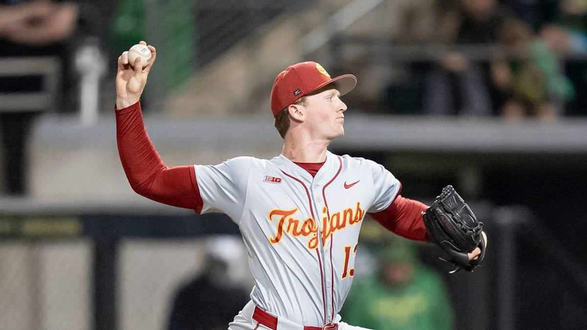  USC pitcher Andrew Johnson throws a pitch as the Oregon Ducks host the USC Trojans on May 14, 2026, in Eugene, Oregon. | Ben Lonergan/The Register-Guard / USA TODAY NETWORK via Imagn Images 