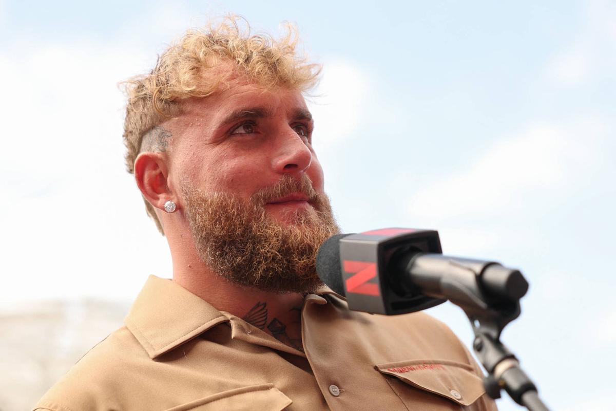 US boxer and influencer Jake Paul speaks during the Most Valuable Promotions (MVP) and Netflix 5X5 Professional MMA bound pre-fight press conference outside the Intuit Dome in Inglewood, California on March 10, 2026. Ronda Rousey will face Gina Carano on May 16, 2026. Both fighters will be returning after lengthy retirements. (Photo by Patrick T. Fallon / AFP via Getty Images)