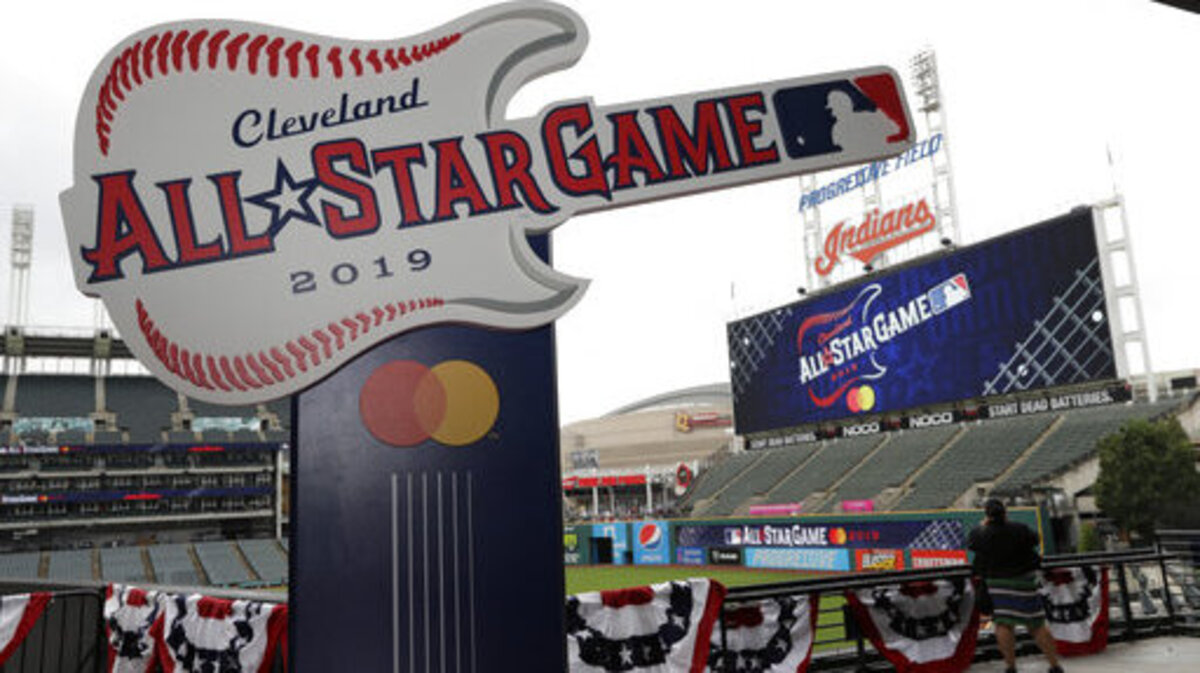 The 2019 All-Star Game logo is displayed on the concourse at Progressive Field, Tuesday, Aug. 7, 2018, in Cleveland. Indians took the rock ‘n’ roll route with a logo for the 2019 All-Star Game that won’t offend anyone. The Indians are hosting the event for the sixth time, and next year’s game coincides with the 25th anniversary of Progressive Field. (AP Photo/Tony Dejak)