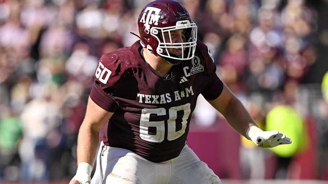  Dec 20, 2025; College Station, TX, USA; Texas A&M Aggies offensive lineman Trey Zuhn III (60) blocks the rush during the game between the Aggies and the Hurricanes at Kyle Field. Mandatory Credit: Jerome Miron-Imagn Images | Jerome Miron-Imagn Images 