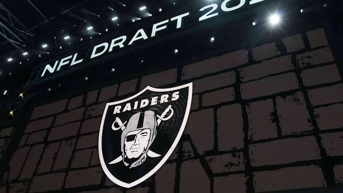  Apr 24, 2025; Green Bay, WI, USA; The Las Vegas Raiders logo is projected on the video board during the NFL Draft at Lambeau Field. Mandatory Credit: Kirby Lee-Imagn Images | Kirby Lee-Imagn Images 