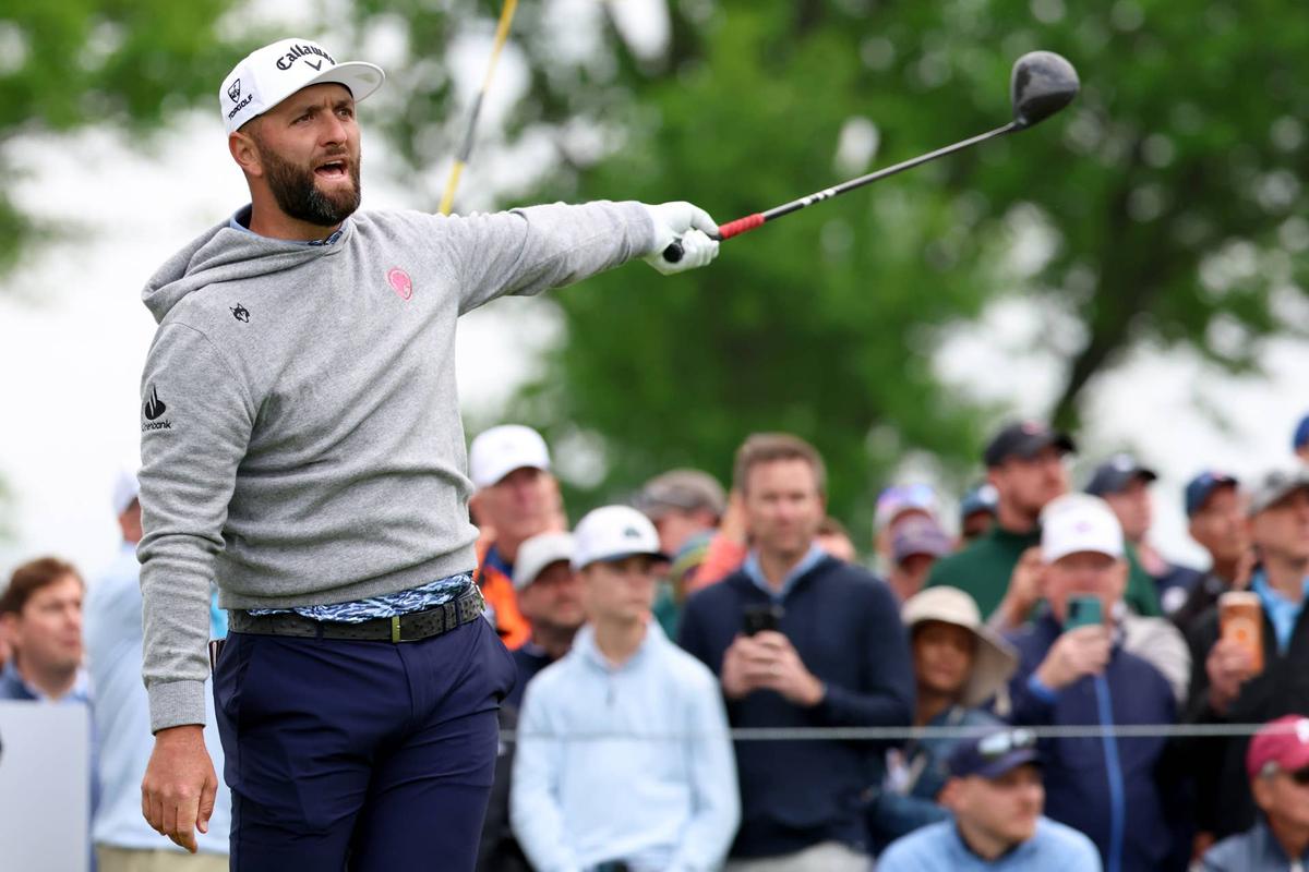  May 14, 2026; Newtown Square, Pennsylvania, USA; Jon Rahm reacts to his shot from the 12th tee during the first round of the PGA Championship golf tournament at Aronimink Golf Club. Mandatory Credit: Bill Streicher-Imagn Images 