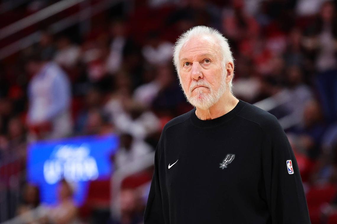  HOUSTON, TEXAS - OCTOBER 17: Head coach Gregg Popovich of the San Antonio Spurs looks on against the Houston Rockets during the first half of a preseason game at Toyota Center on October 17, 2024 in Houston, Texas. (Photo by Alex Slitz/Getty Images) 
