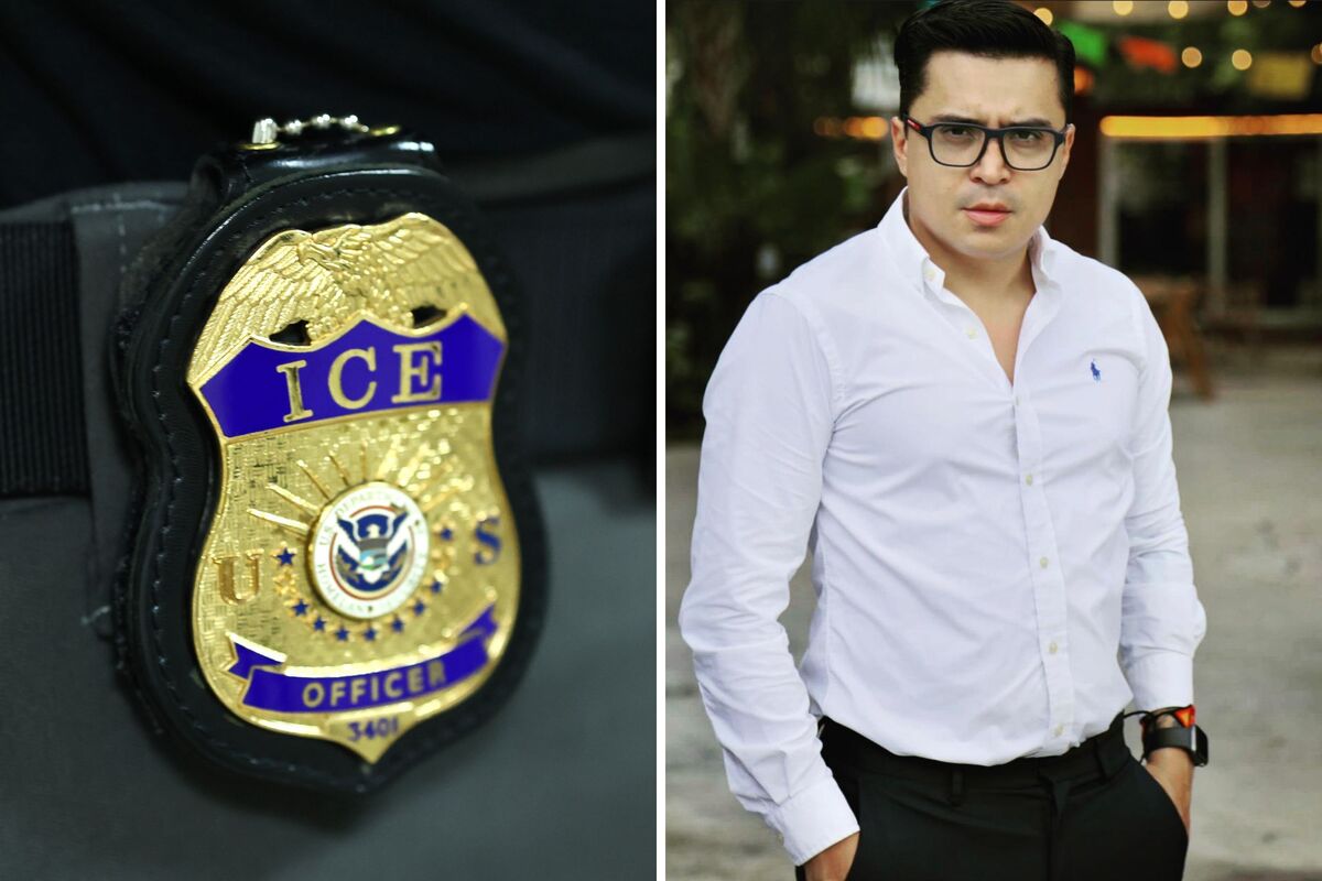  L: Stock image of an ICE officer’s badge. R: Beto Coral 