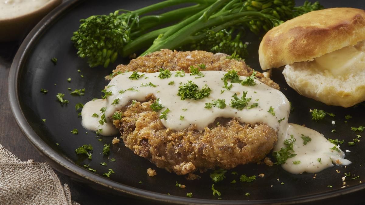 Chicken Fried Steaks with Country Style Gravy, Broccolini and a Biscuit