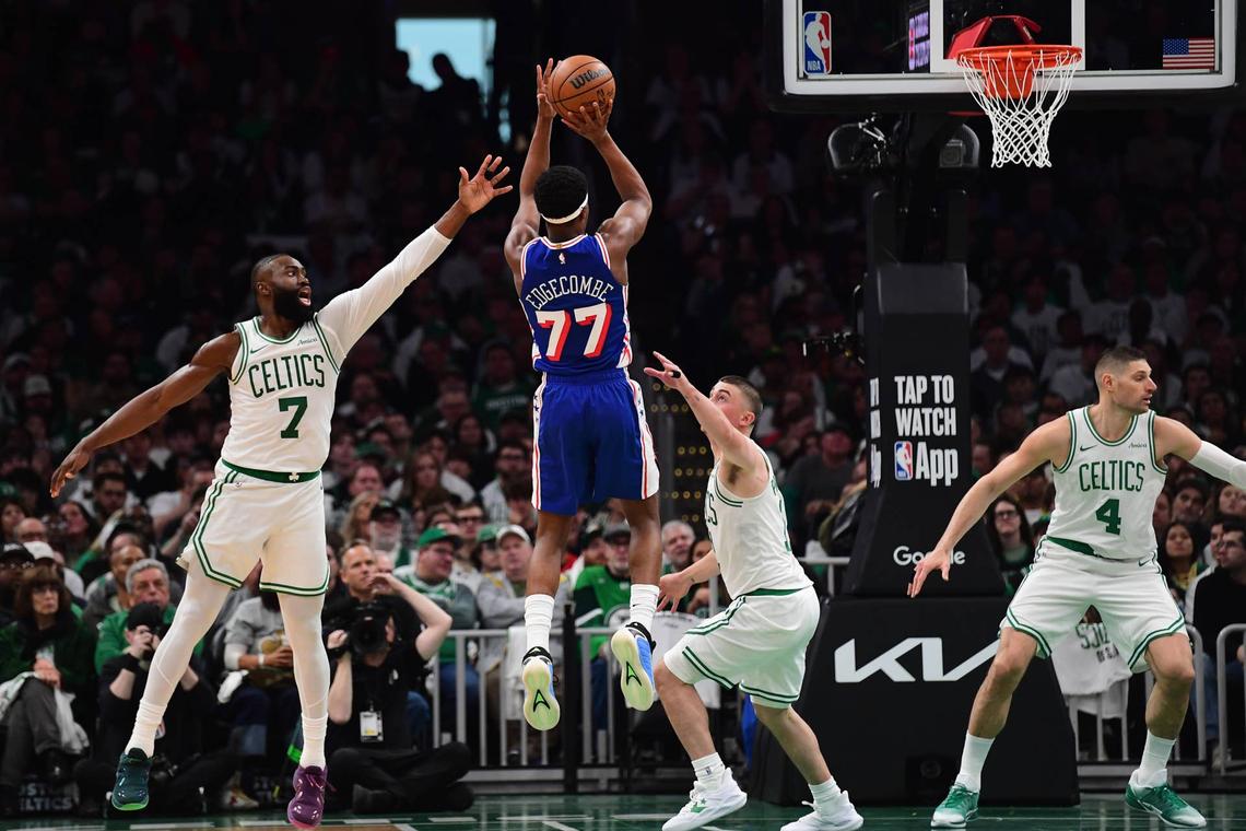  Philadelphia 76ers guard VJ Edgecombe shoots the ball at TD Garden. Bob DeChiara-Imagn Images