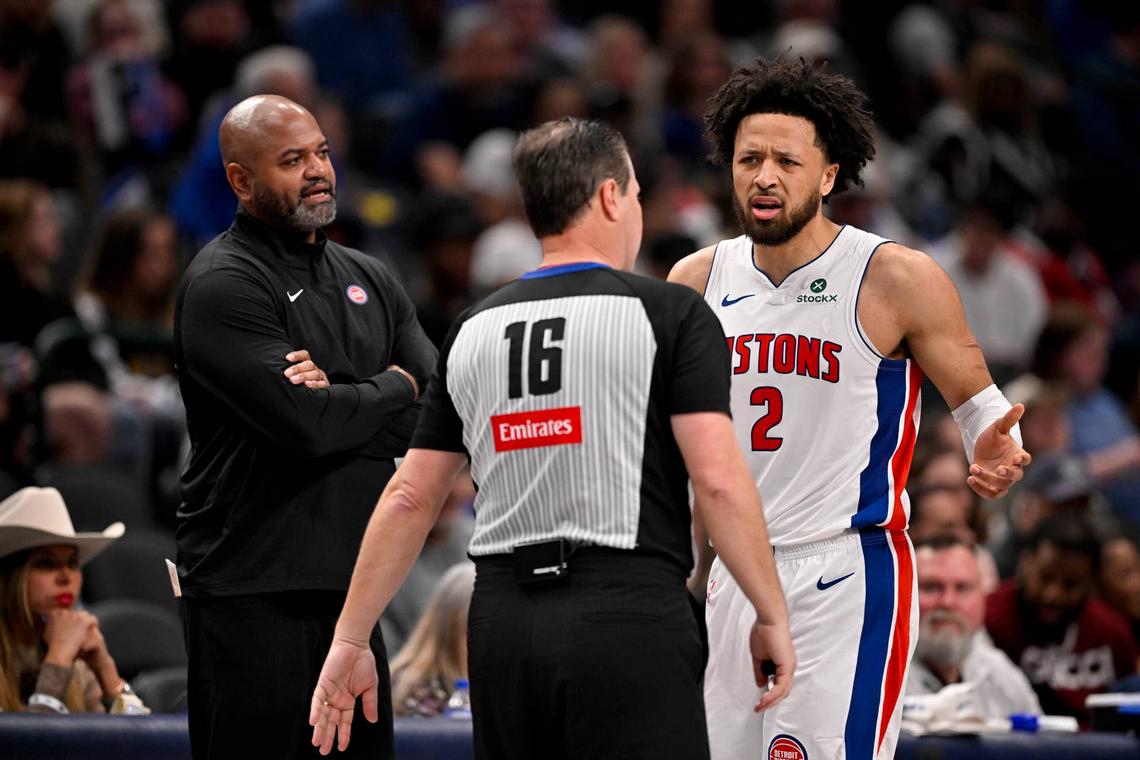  Mar 21, 2025; Dallas, Texas, USA; Detroit Pistons guard Cade Cunningham (2) and head coach J.B. Bickerstaff react to a technical foul call by referee David Guthrie (16) during the second half against the Dallas Mavericks at the American Airlines Center. Mandatory Credit: Jerome Miron-Imagn Images 