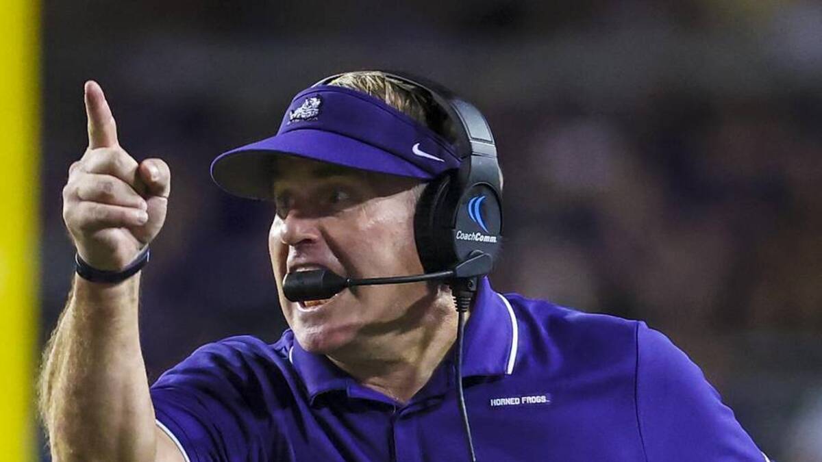  Oct 23, 2021; Fort Worth, Texas, USA; TCU Horned Frogs head coach Gary Patterson reacts during the first half against the West Virginia Mountaineers at Amon G. Carter Stadium. Mandatory Credit: Kevin Jairaj-Imagn Images | Kevin Jairaj-Imagn Images 