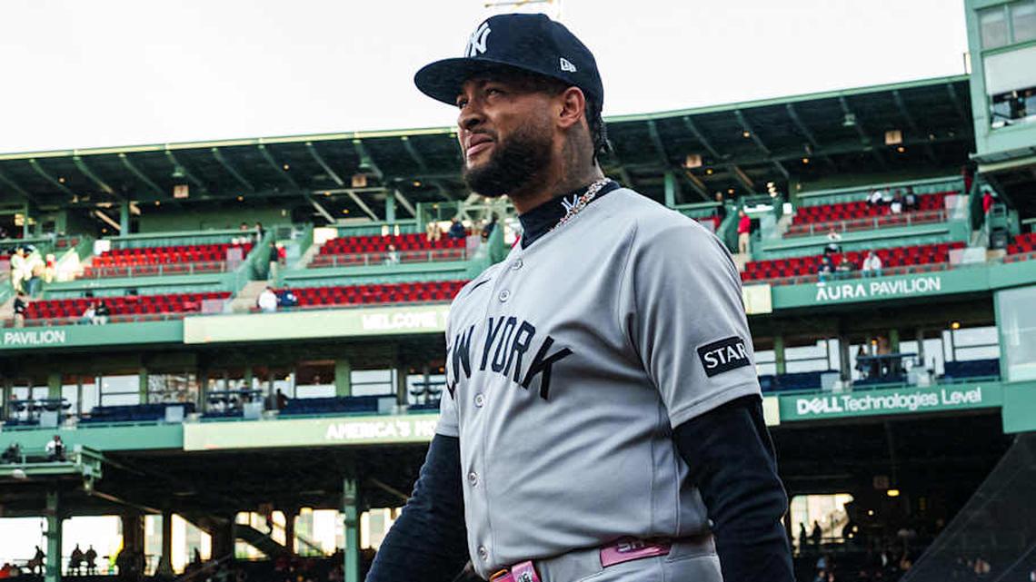  New York Yankees pitcher Luis Gil (81) walks to the bullpen before the start of the game against the Boston Red Sox at Fenway Park. | David Butler II-Imagn Images 