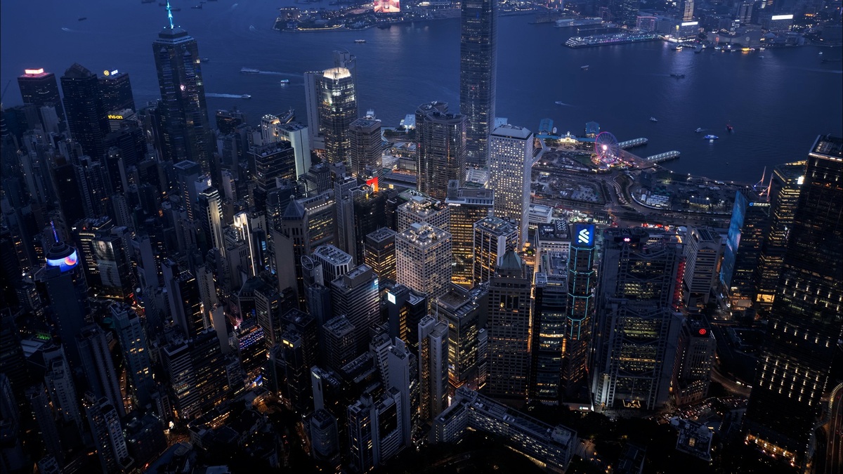  A view of the Landmark against the Hong Kong skyline at night. 