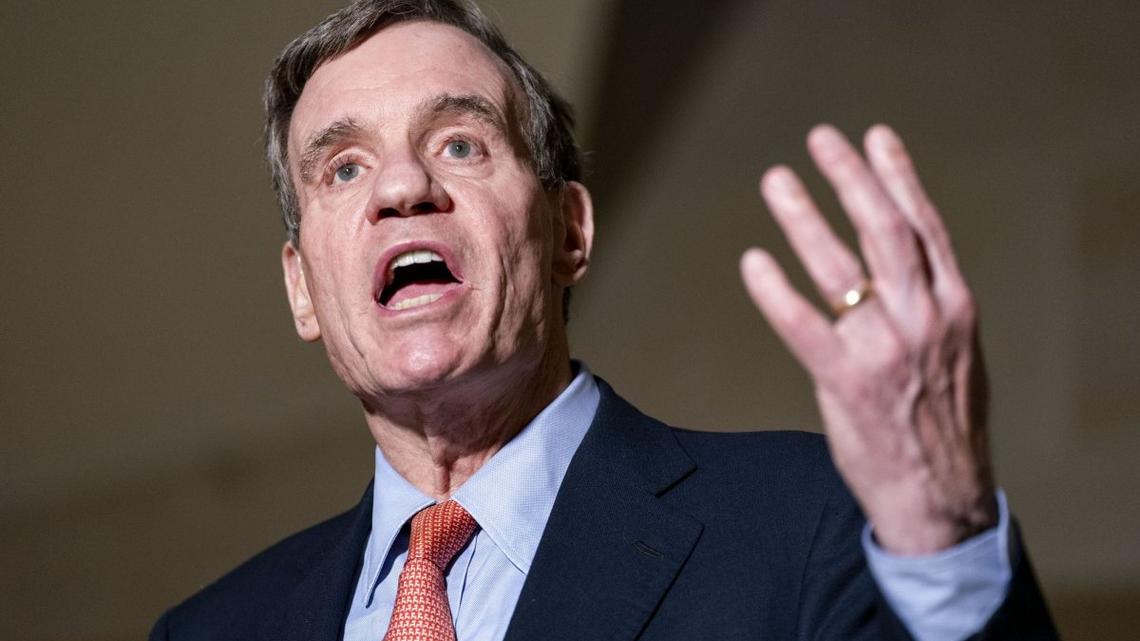 Sen. Mark Warner, D-Va., speaks to the press at the U.S. Capitol in Washington, D.C., on March 2. He announced the death of his daughter Monday. File Photo by Bonnie Cash/UPI