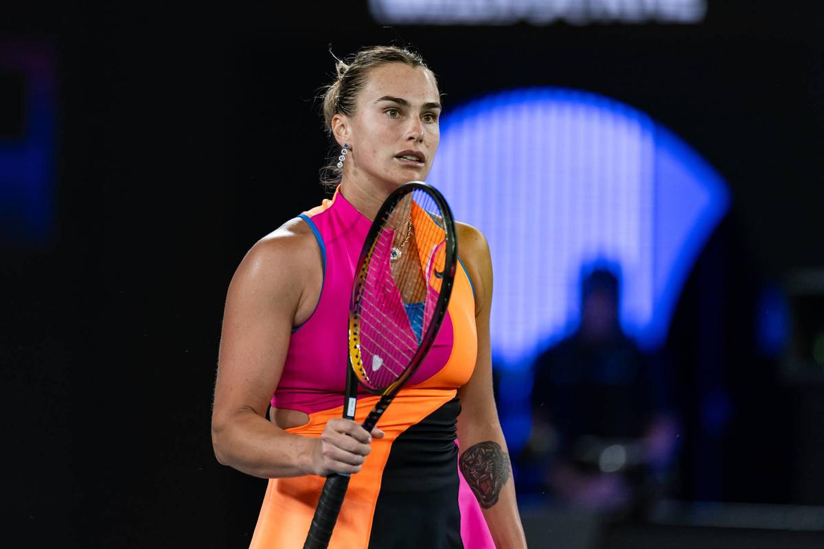  Jan 31, 2026; Melbourne, Victoria, Australia; Aryna Sabalenka in action against Elena Rybakina of Kazakhstan in the final of the women’s singles at the Australian Open at Rod Laver Arena in Melbourne Park. Mandatory Credit: Mike Frey-Imagn Images 
