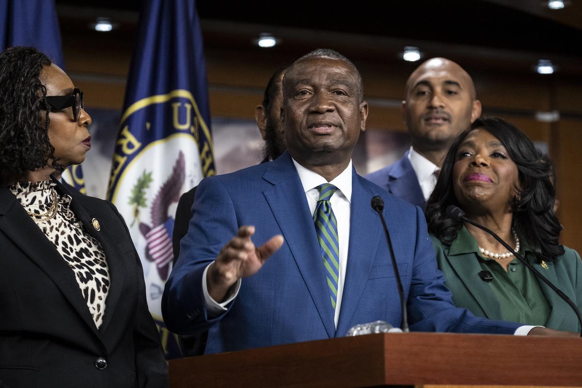 Congressional Black Caucus members look on as Rep. Cleo Fields (D-LA), speaks during a press conference in Washington, April 29, 2026. Veterans of the civil rights movement and others said the Supreme Court decision felt like a bleak end to decades of gains in Black representation in the region. (Pete Marovich/The New York Times)