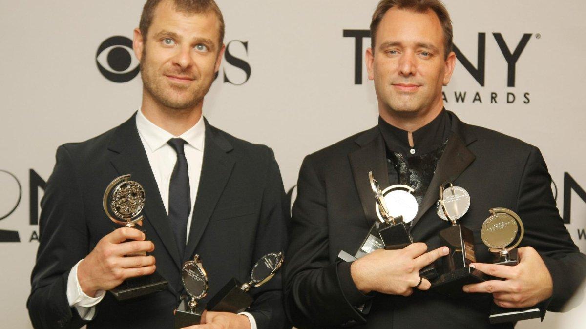 Trey Parker (L) and Matt Stone, producers of "The Book of Mormon," pose with the Tony Awards their play received, including the honor of Best Musical, in 2011 in New York City. File Photo by Monika Graff/UPI