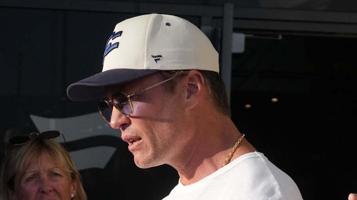  Mar 21, 2026; Los Angeles, CA, USA; Founders FFC quarterback Tom Brady (12) talks with fans during the Fanatics Flag Football Classic at BMO stadium. Mandatory Credit: Kirby Lee-Imagn Images | Kirby Lee-Imagn Images 