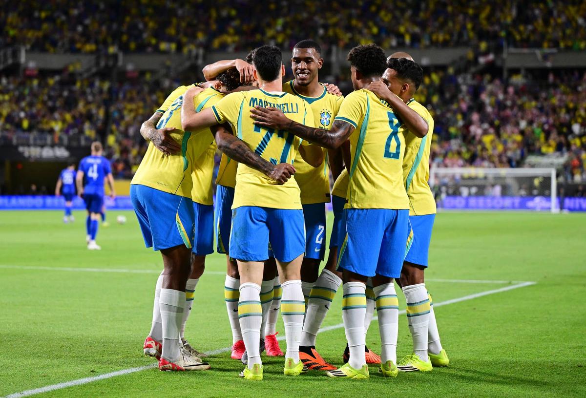  Gabriel Martinelli of Brazil celebrates with teammates after scoring his team's third goal during the international friendly match between Brazil and Croatia at Camping World Stadium on March 31, 2026 in Orlando, Florida. (Photo by Julio Aguilar/Getty Images) Photo by Julio Aguilar/Getty Images