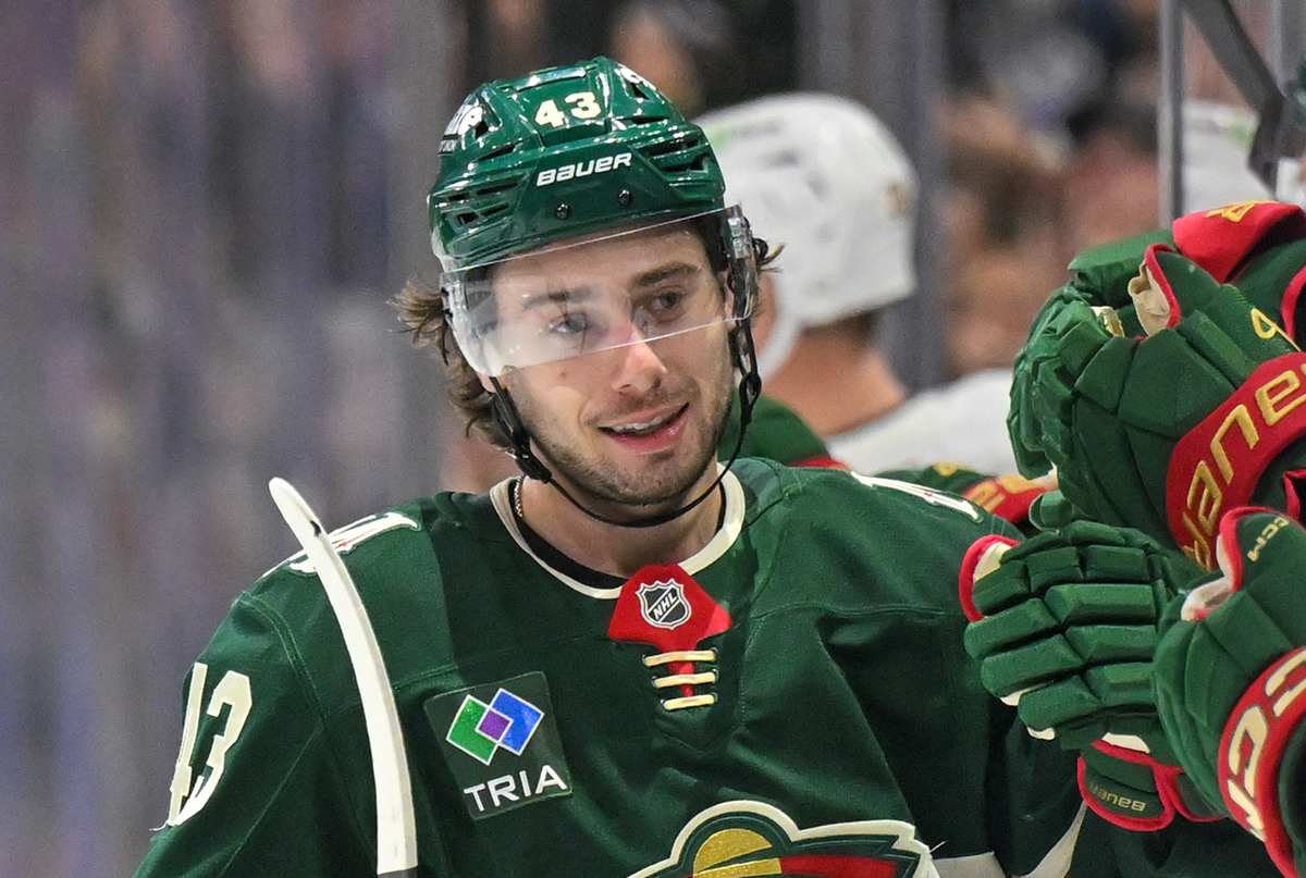  Minnesota Wild defenseman Quinn Hughes (43) celebrates after scoring a goal at Grand Casino Arena. Nick Wosika-Imagn Images