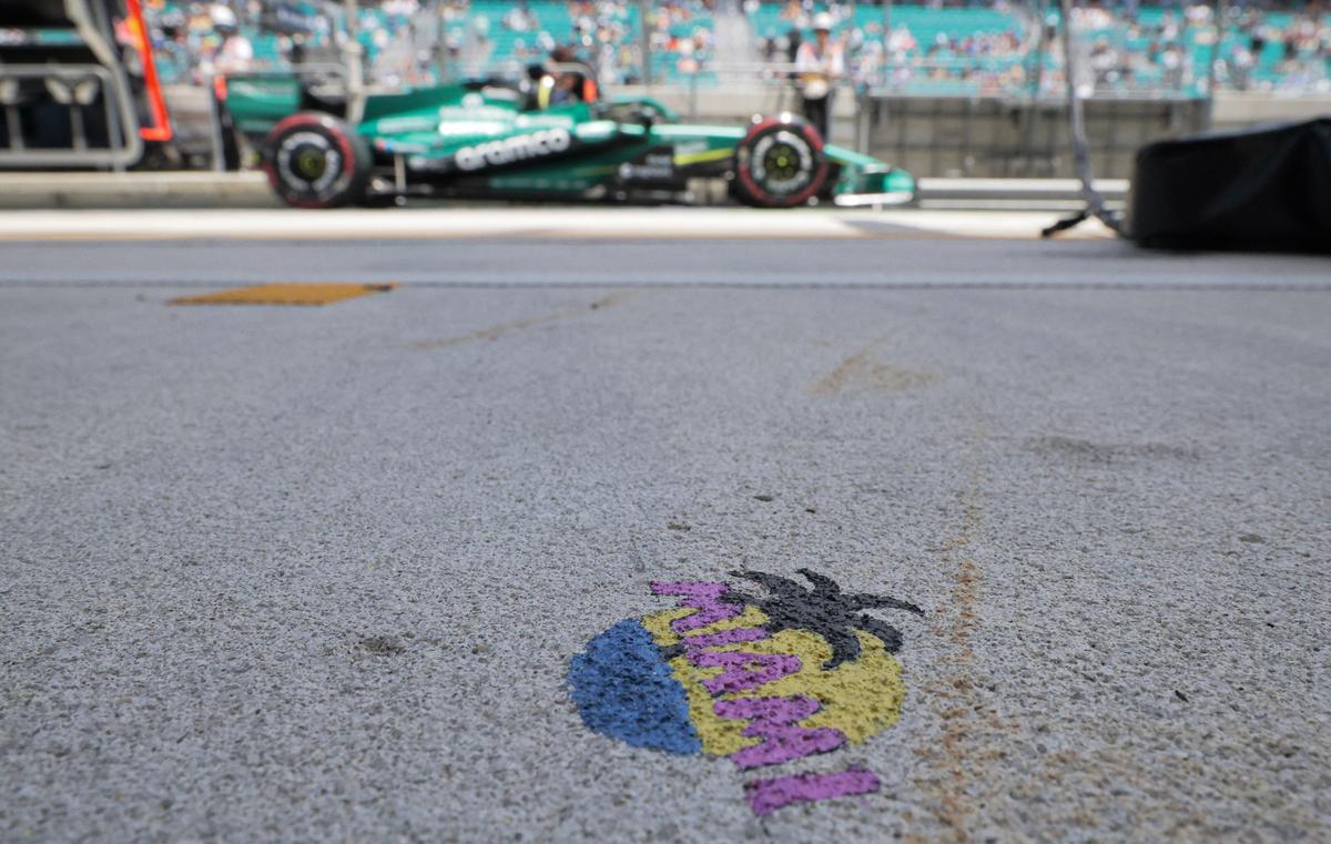 Formula One F1 - Miami Grand Prix - Miami International Autodrome, Miami, Florida, United States - May 1, 2026 General view of a Miami graphic on the floor of the pit lane during practice REUTERS/Brian Snyder