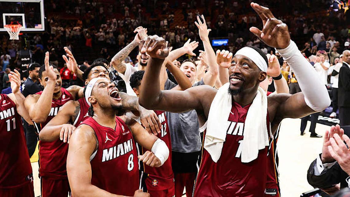 Bam Adebayo and his Heat teammates after the 83-point night. 