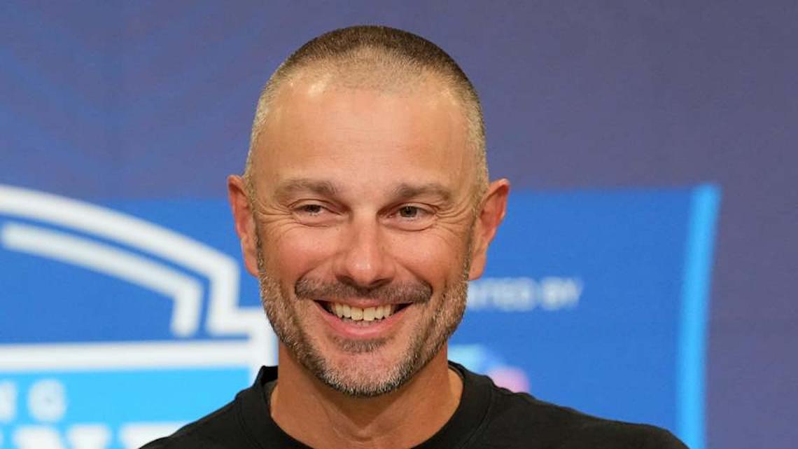  Feb 24, 2026; Indianapolis, IN, USA; Las Vegas Raiders general manager John Spytek speaks at the NFL Scouting Combine at the Indiana Convention Center. Mandatory Credit: Kirby Lee-Imagn Images | Kirby Lee-Imagn Images 