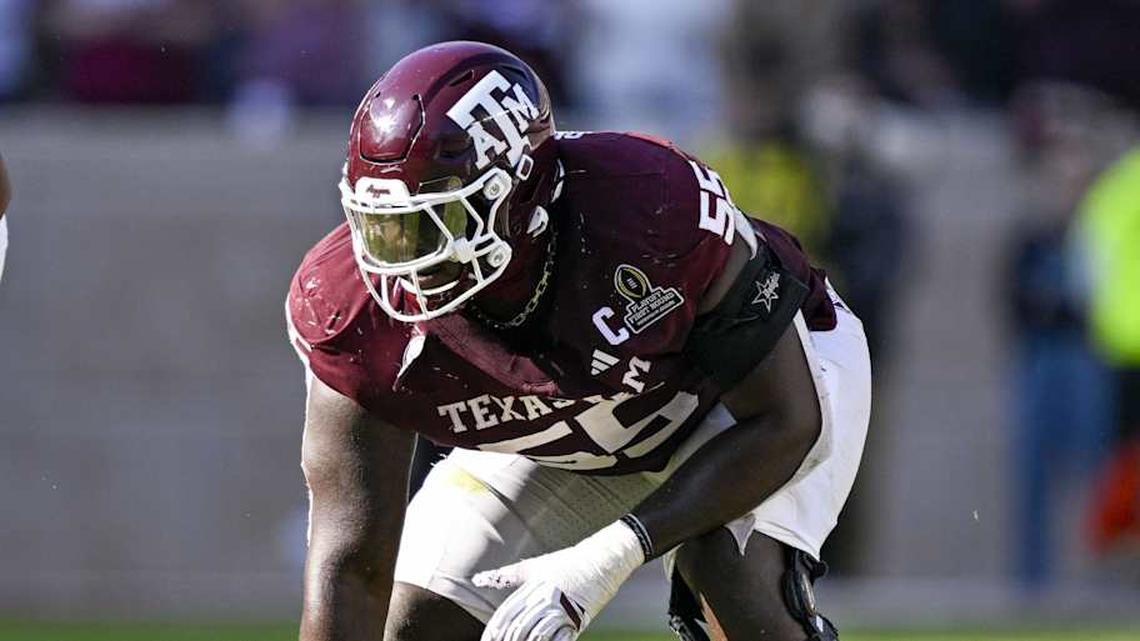  Dec 20, 2025; College Station, TX, USA; Texas A&M Aggies offensive lineman Ar'Maj Reed-Adams (55) lines up during the game between the Aggies and the Hurricanes at Kyle Field. Mandatory Credit: Jerome Miron-Imagn Images | Jerome Miron-Imagn Images 