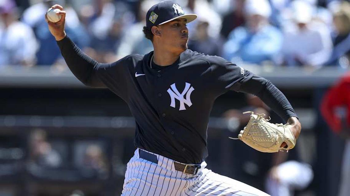  New York Yankees pitcher Carlos Lagrange (84) throws a pitch against the Boston Red Sox in the fifth inning during spring training at George M. Steinbrenner Field. | Nathan Ray Seebeck-Imagn Images 