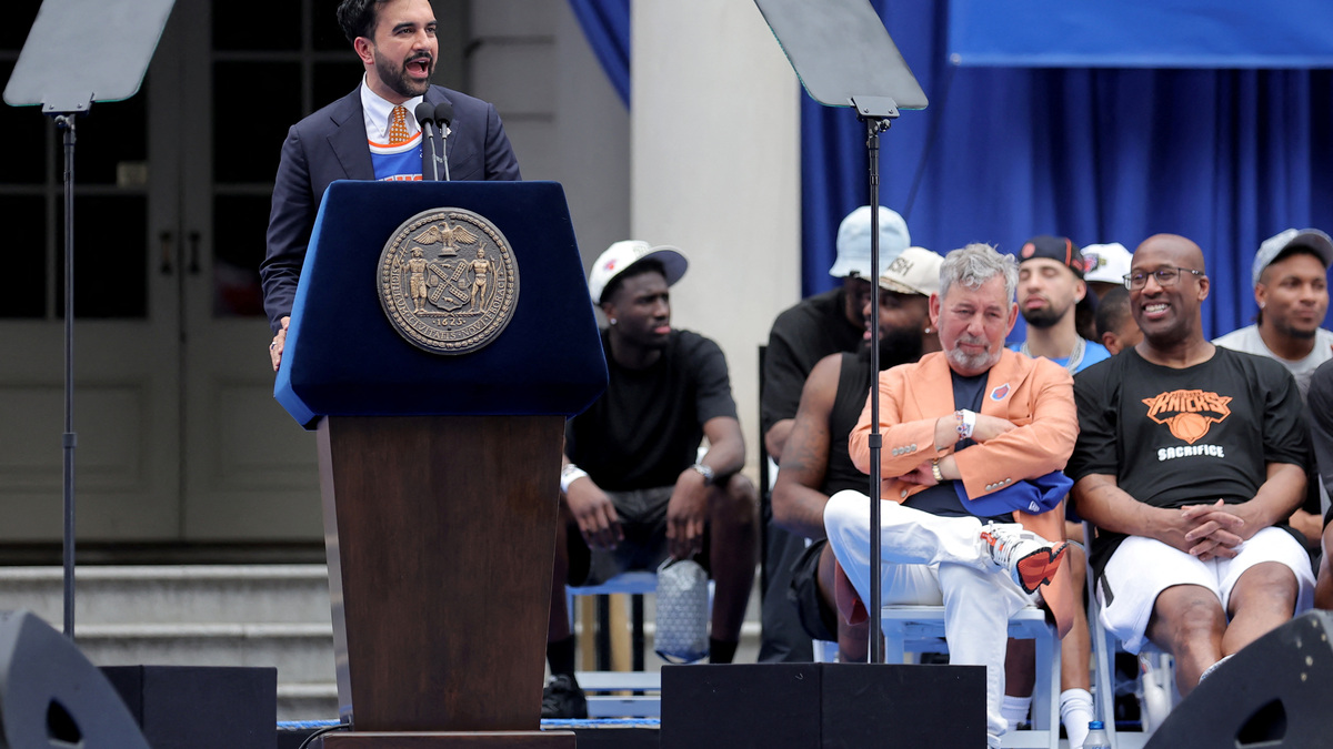 Jun 18, 2026; New York, NY, USA; New York City mayor Zohran Mamdani speaks during a ceremony at city hall after the New York Knicks championship parade. Mandatory Credit: Brad Penner-Imagn Images