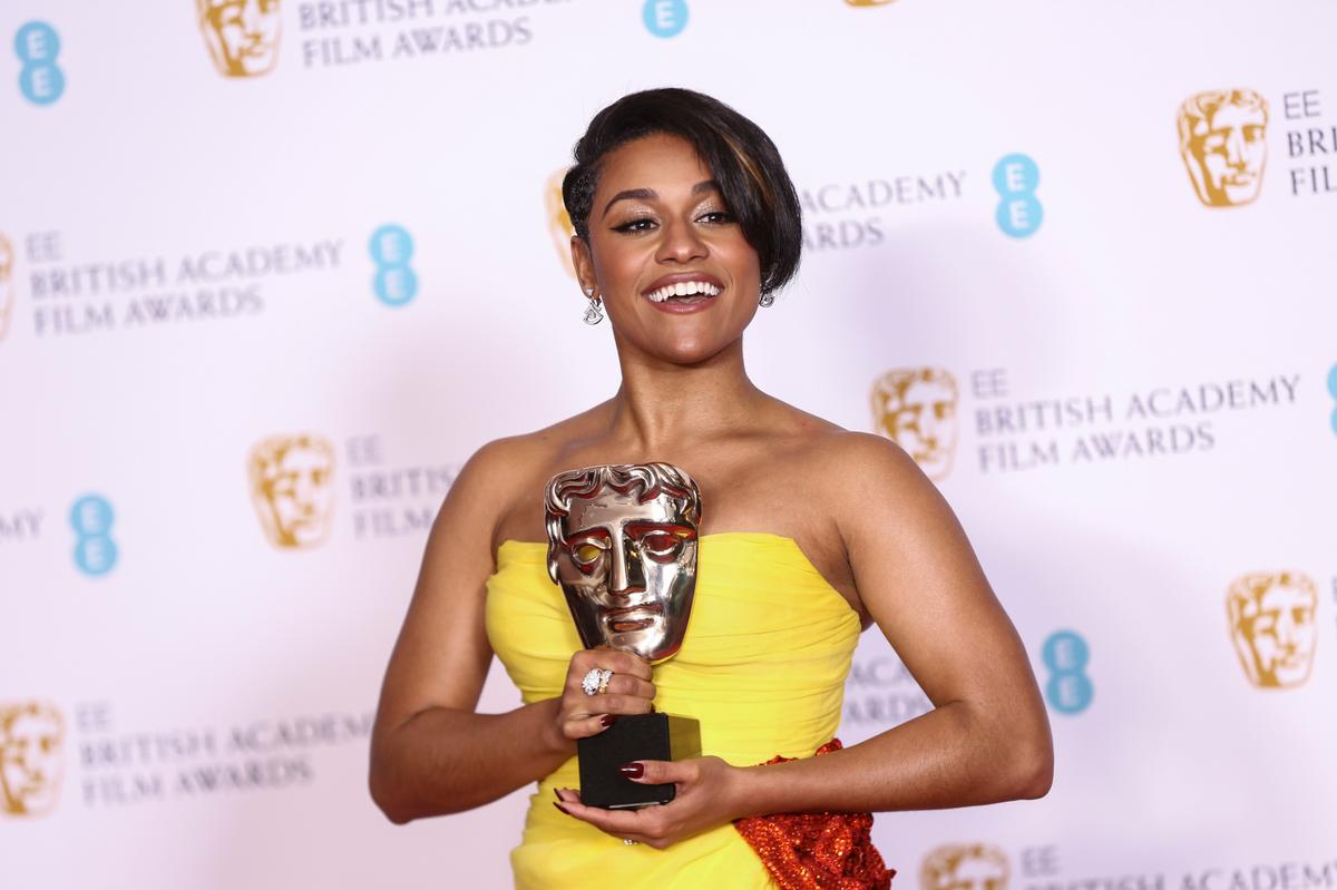 Ariana Debose holds her Supporting Actress award for her role in the film ‘West Side Story’ at the 75th British Academy Film Awards, BAFTA’s, in London Sunday, March 13, 2022. (Photo by Joel C Ryan/Invision/AP)