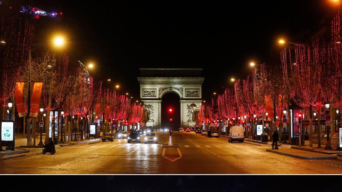 Una imagen compuesta de dos fotos comparando la celebración del Año Nuevo el 1ro de enero de 2021 (arriba), y el 1ro de enero de 2020, en los Campos Elíseos de París.