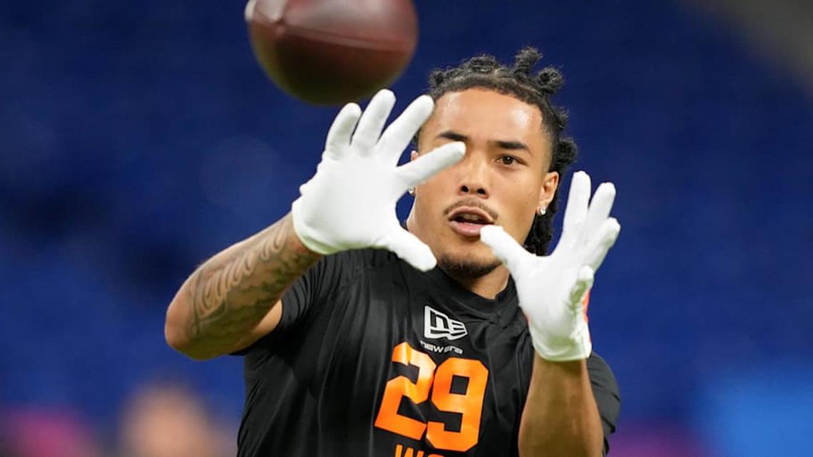 Feb 28, 2026; Indianapolis, IN, USA; Southern California wideout Makai Lemon (WO29) during the NFL Scouting Combine at Lucas Oil Stadium. Mandatory Credit: Kirby Lee-Imagn Images | Kirby Lee-Imagn Images 