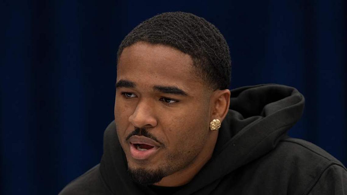 Feb 26, 2026; Indianapolis, IN, USA; Southern California defensive back Kamari Ramsey (DB45) speaks to members of the media during the NFL Combine at the Indiana Convention Center. Mandatory Credit: Jacob Musselman-Imagn Images | Jacob Musselman-Imagn Images 