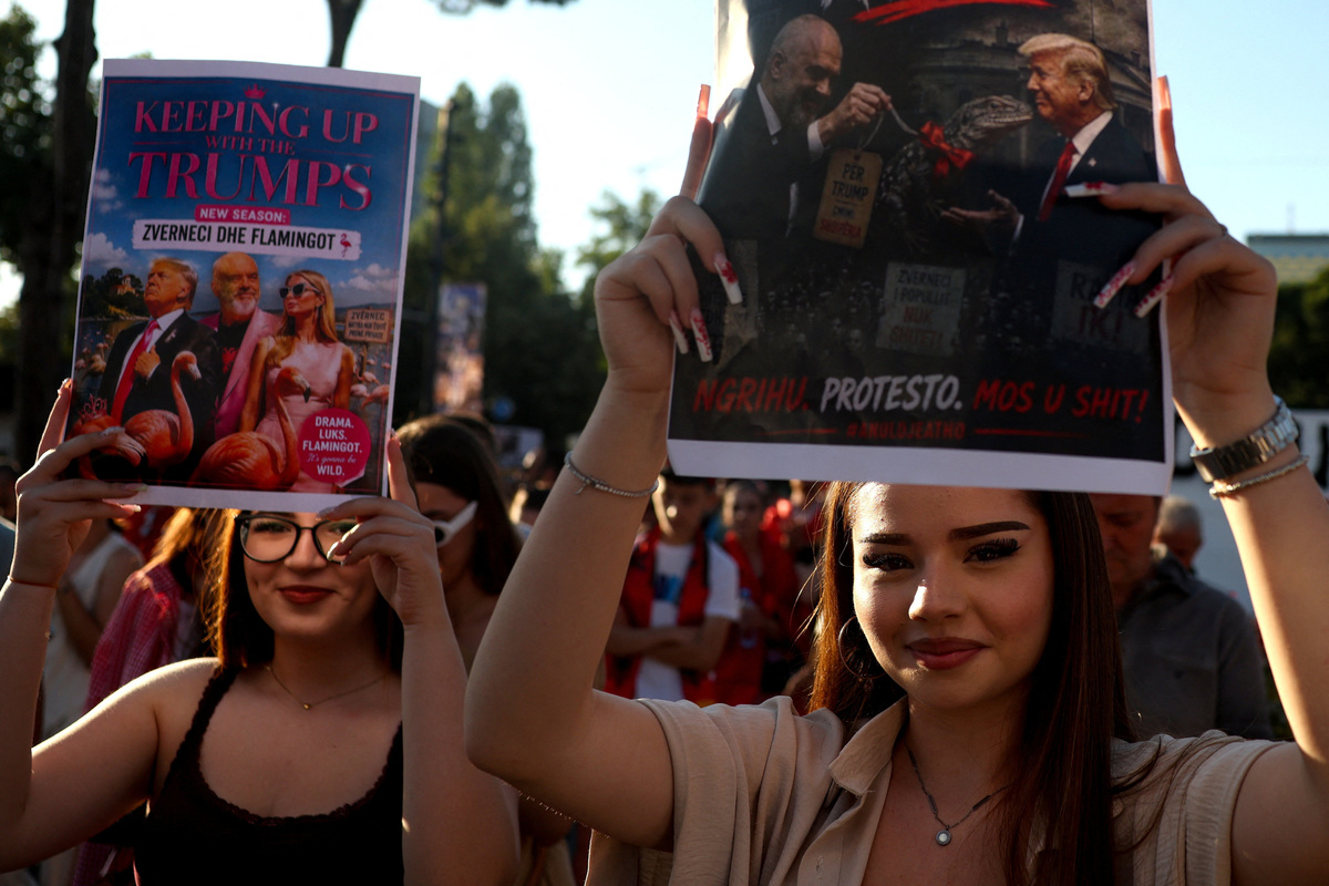 Protesters take part in a protest against a luxury resort, a plan by a company linked to U.S. President Donald Trump's son-in-law, Jared Kushner, on an environmentally sensitive part of the Adriatic coast, in Tirana, Albania, June 9, 2026. REUTERS/Florion Goga