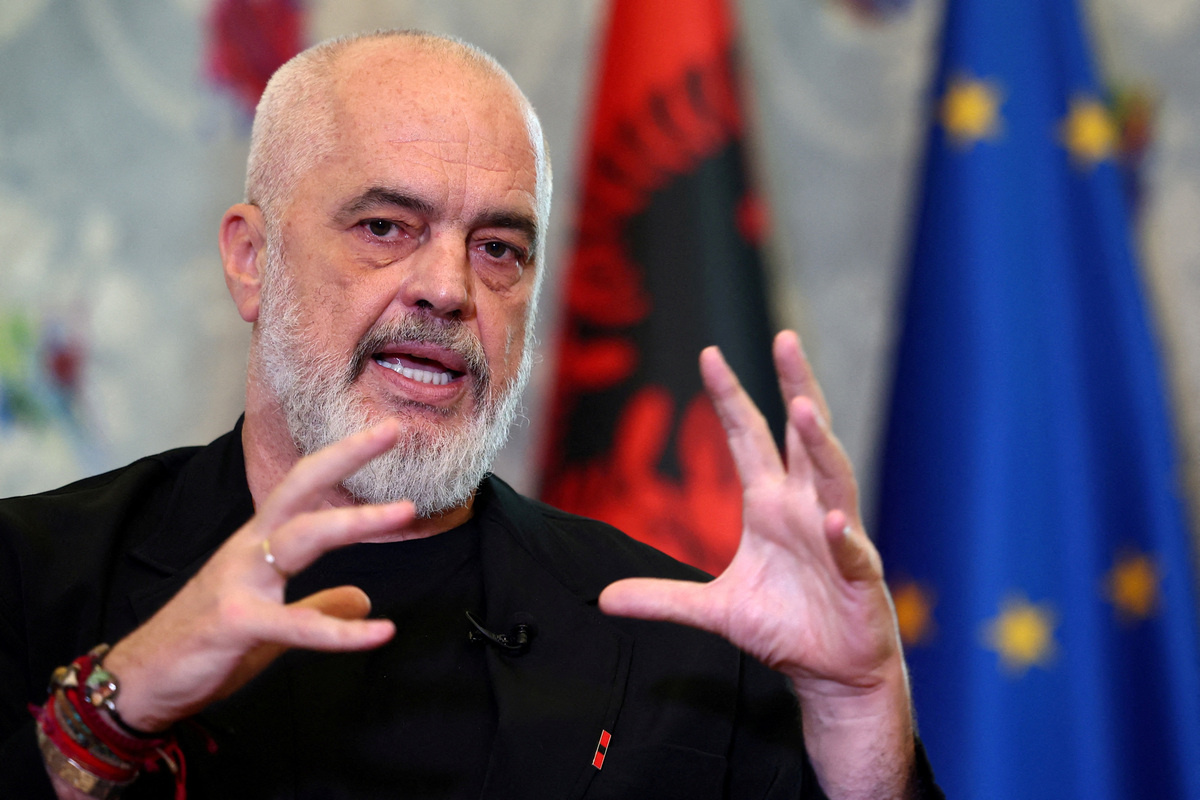 FILE PHOTO: Albanian Prime Minister Edi Rama gestures during an interview with Reuters as Albanians protest against a planned luxury resort backed by a company linked to Jared Kushner, the son-in-law of U.S. President Donald Trump, on an environmentally sensitive part of the Adriatic coast, in Tirana, Albania, June 8, 2026. REUTERS/Florion Goga/File Photo
