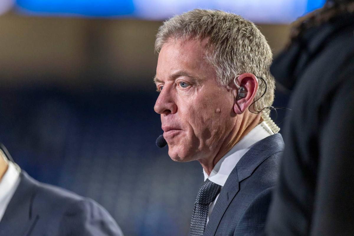  Oct 20, 2025; Detroit, Michigan, USA; ESPN broadcaster Troy Aikman before the game between the Tampa Bay Buccaneers and the Detroit Lions at Ford Field. Mandatory Credit: David Reginek-Imagn Images 