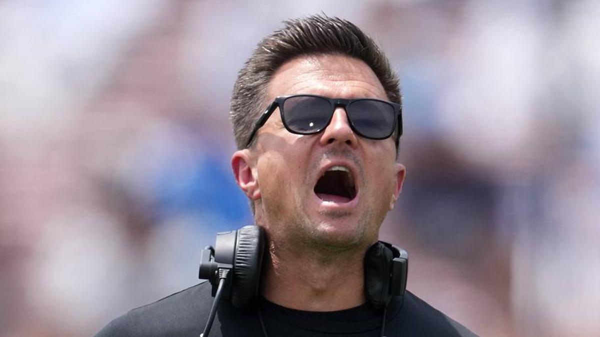  May 2, 2026; Pasadena, CA, USA; UCLA Bruins coach Bob Chesney reacts during the spring game at Rose Bowl. Mandatory Credit: Kirby Lee-Imagn Images | Kirby Lee-Imagn Images 
