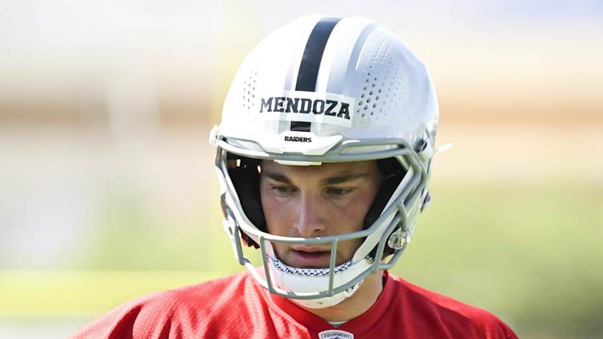  May 2, 2026; Henderson, NV, USA; Las Vegas Raiders quarterback Fernando Mendoza (15) runs through a drill during a Rookie Minicamp at Intermountain Health Performance Center. Mandatory Credit: Candice Ward-Imagn Images | Candice Ward-Imagn Images 