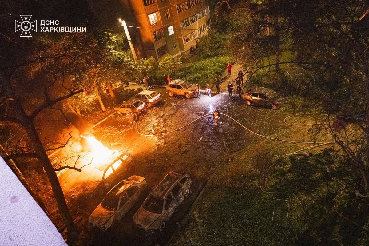 Firefighters work at the site of a residential area damaged during overnight Russian missile and drone strikes, amid Russia's attack on Ukraine, in Kharkiv region, Ukraine June 9, 2026. Press service of the State Emergency Service of Ukraine in Kharkiv region/Handout via REUTERS