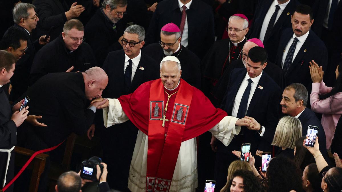 FILE PHOTO: Pope Leo XIV meets with bishops, priests, deacons, consecrated persons, seminarians and pastoral workers at the Catholic Cathedral of the Holy Spirit, known as the St. Esprit Cathedral, during his first apostolic journey, in Istanbul, Turkey, November 28, 2025. REUTERS/Yara Nardi/File Photo