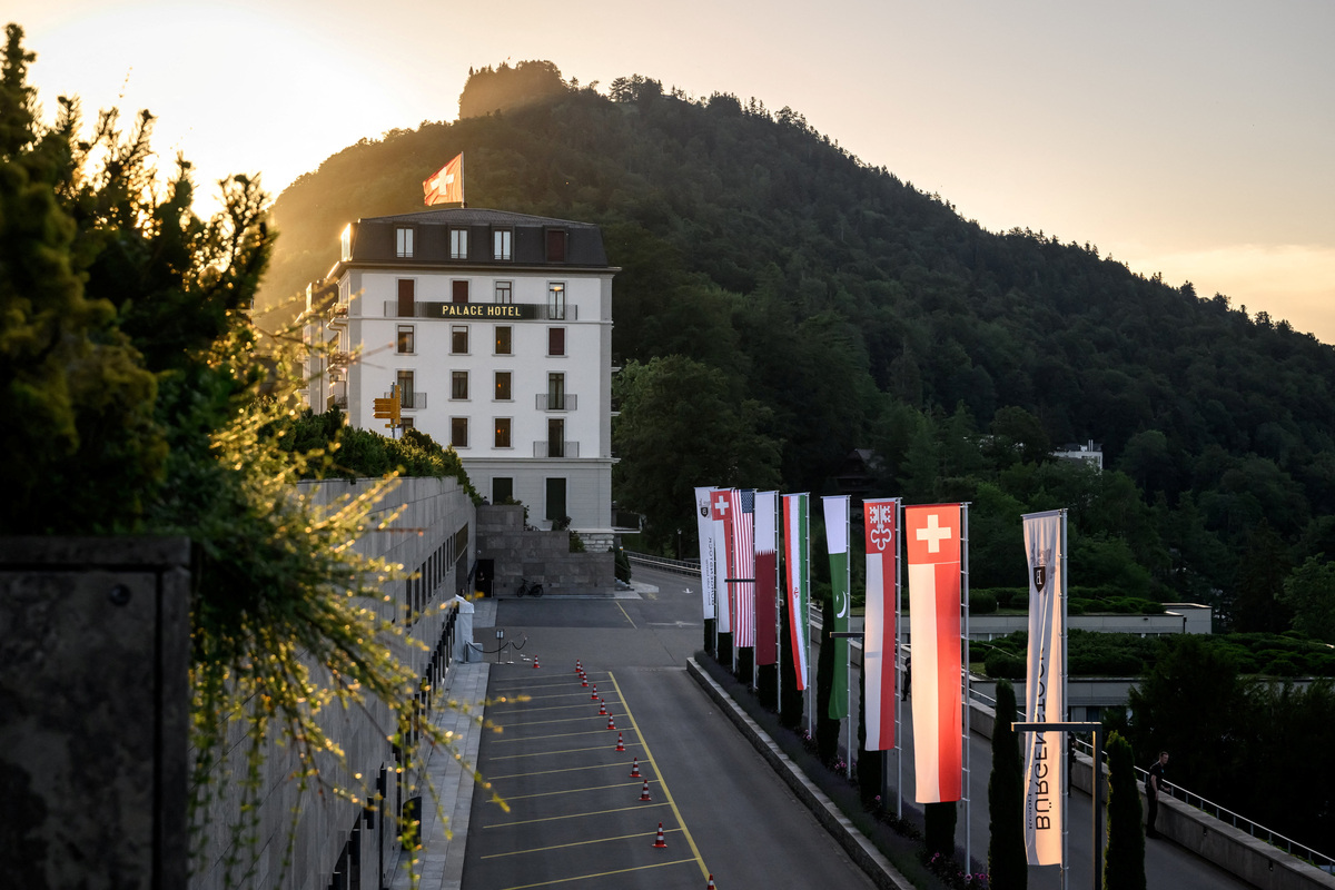 A building of the Buergenstock luxury hotel complex overlooking Lake Lucerne, Switzerland, on June 21, 2026, ahead of high-level talks aimed at advancing a deal to end the Middle East conflict. Fabrice Coffrini/Pool via REUTERS