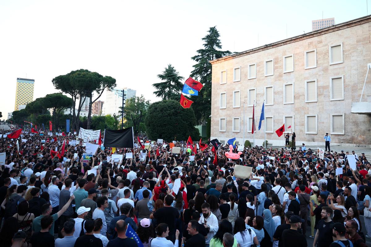 People protest against a luxury resort a plan by a company linked with Donald Trump's son-in-law Jared Kushner in a protected area, in Tirana , Albania, June 2, 2026. REUTERS/Florion Goga