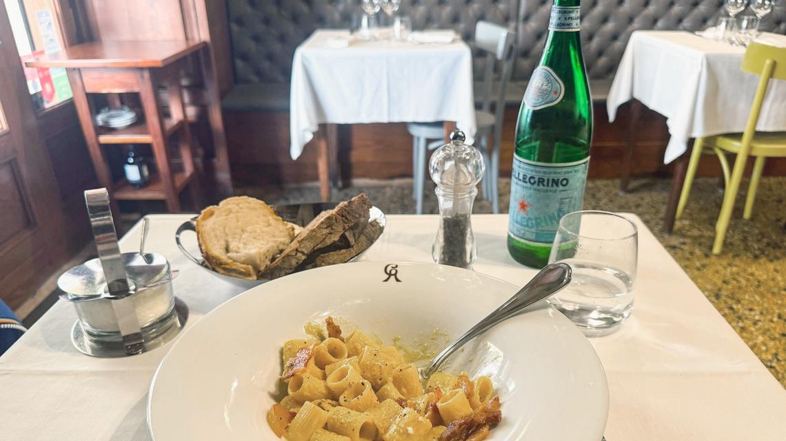 The La Carbonara restaurant in Rome serves spaghetti carbonara, but its name is misleading, as the eatery has nothing to do with the origins of the calorie-laden dish. The establishment is named after the first owner's husband, who was a coal merchant. Carbonara means in the coal worker-style. (Christoph Sator/dpa/TNS)