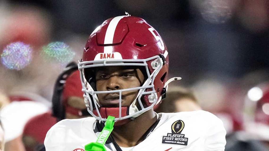  Dec 19, 2025; Norman, OK, USA; Alabama Crimson Tide wide receiver Germie Bernard (5) against the Oklahoma Sooners during the CFP National Playoff First Round at Gaylord Family Oklahoma Memorial Stadium. Mandatory Credit: Mark J. Rebilas-Imagn Images | Mark J. Rebilas-Imagn Images 