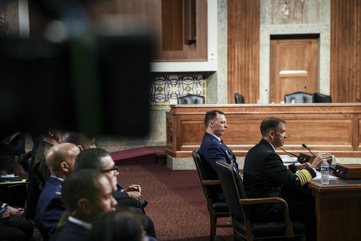 Adm. Brad Cooper, right, the head of U.S. Central Command, and Gen. Dagvin Anderson, commander of the U.S. Africa Command, testify before the Senate Armed Services Committee on Capitol Hill in Washington, on Thursday, May 14, 2026. Cooper, whose command covers the Middle East, is appearing before lawmakers as the Strait of Hormuz remains largely closed and efforts to reach a lasting deal with Iran have made little progress. (Haiyun Jiang/The New York Times)