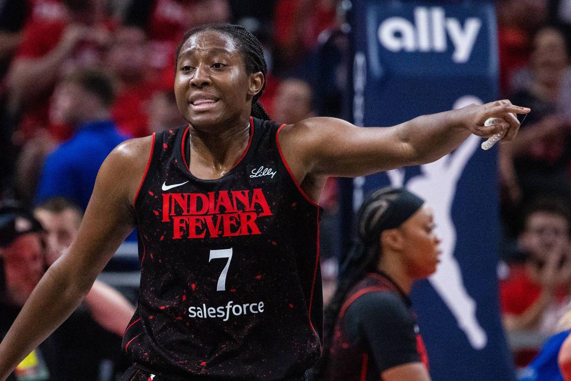  Indiana Fever forward Aliyah Boston gestures during a game. Trevor Ruszkowski-Imagn Images
