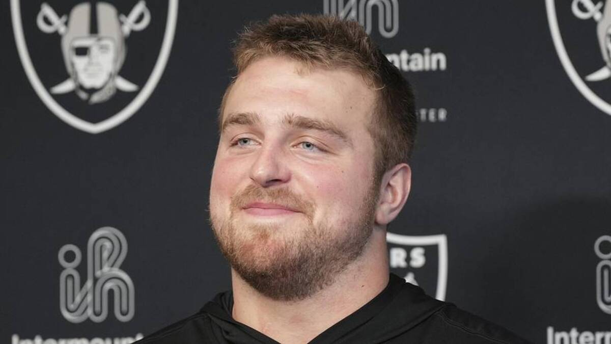  May 2, 2026; Henderson, NV, USA; Las Vegas Raiders guard Trey Zuhn II (66) speaks during a news conference at the team's Rookie Minicamp at Intermountain Health Performance Center. Mandatory Credit: Candice Ward-Imagn Images | Candice Ward-Imagn Images 