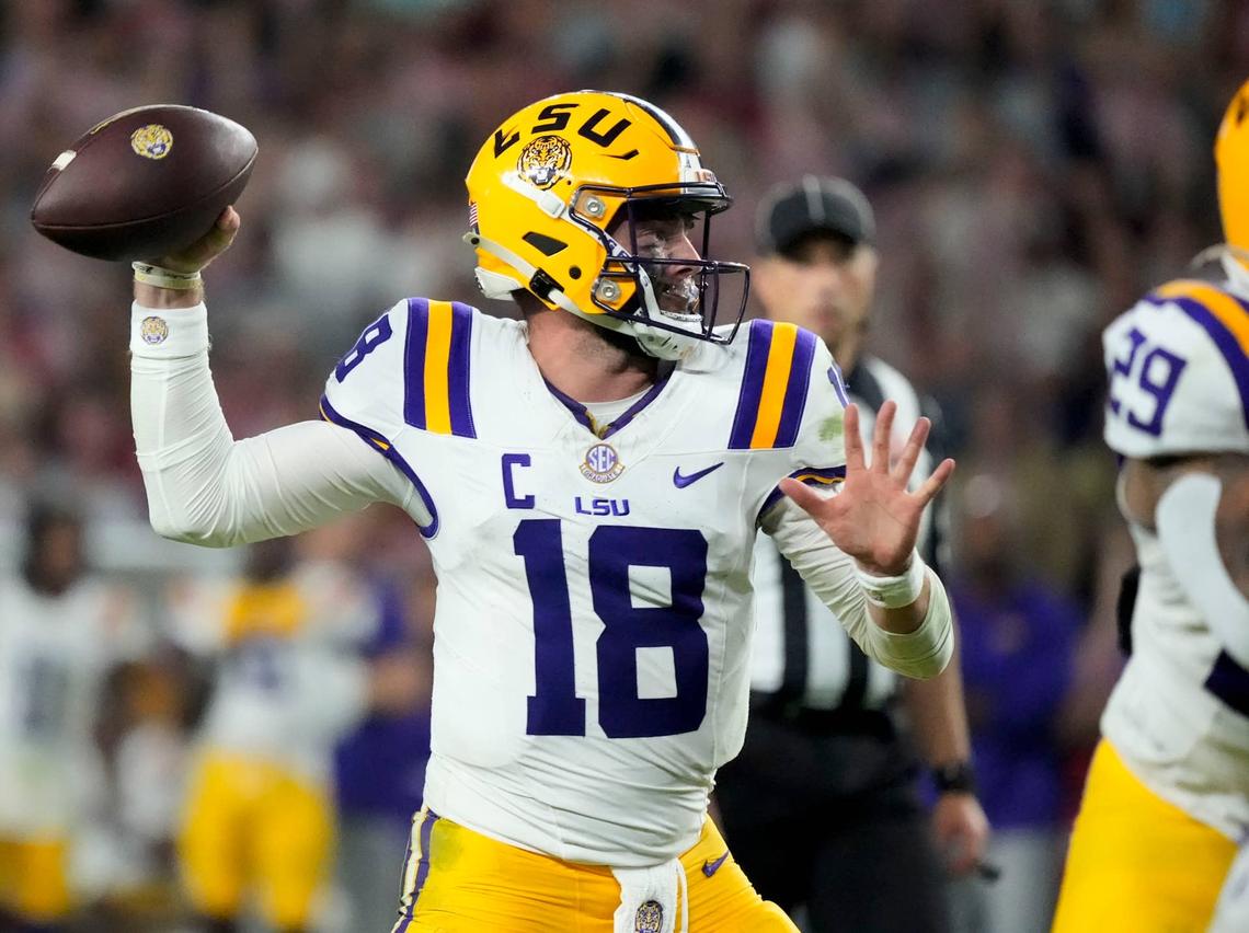  LSU quarterback Garrett Nussmeier (18) throws a pass. © Gary Cosby Jr.-Imagn Images