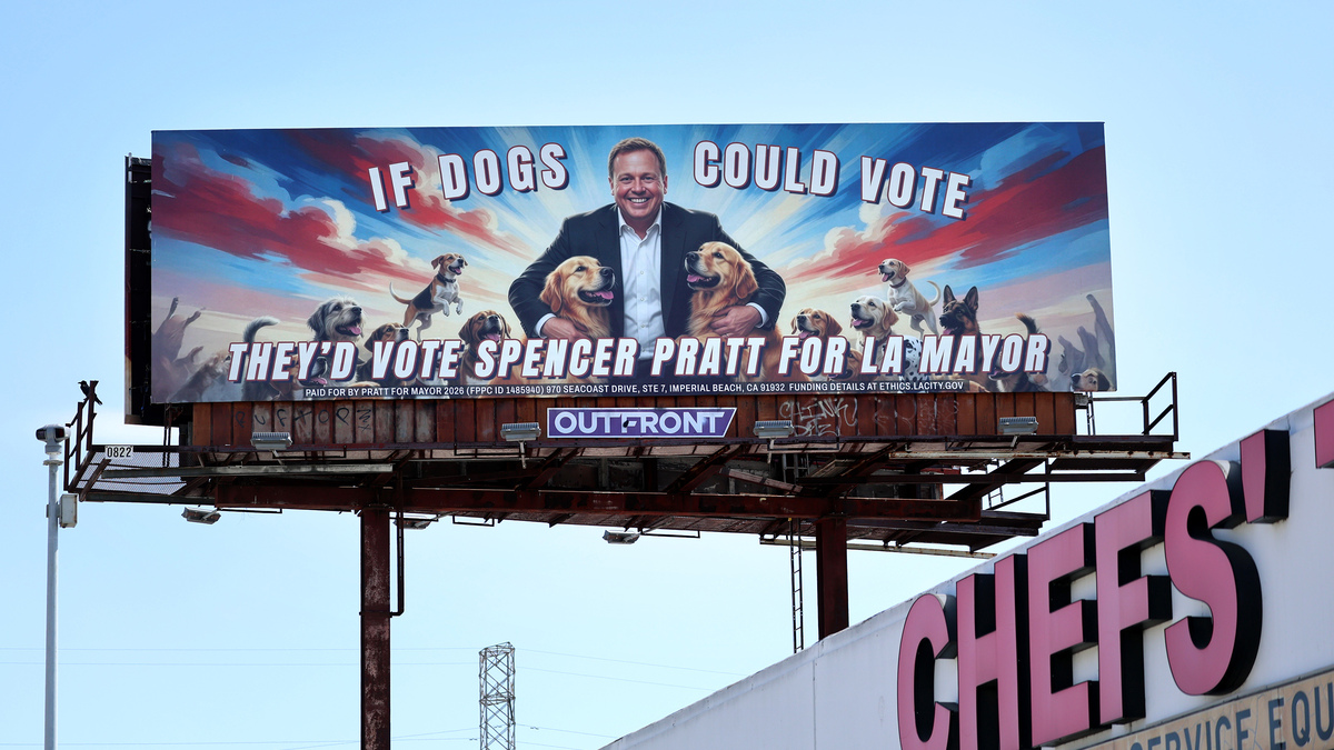 A billboard endorsing mayoral candidate Spencer Pratt is seen along the 110 Freeway in Torrance, Calif., on May 12, 2026. (Allen J. Schaben/Los Angeles Times/TNS)