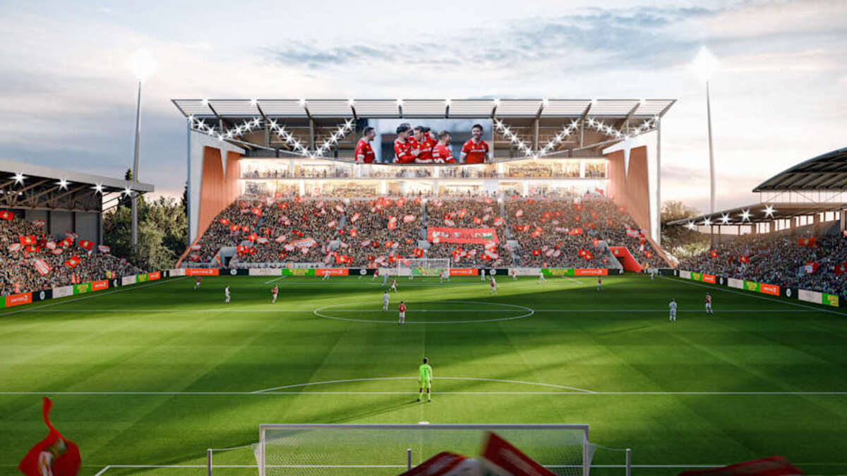  Wrexham's proposed Kop Stand development at the Racecourse Ground. | Populous/Getty 