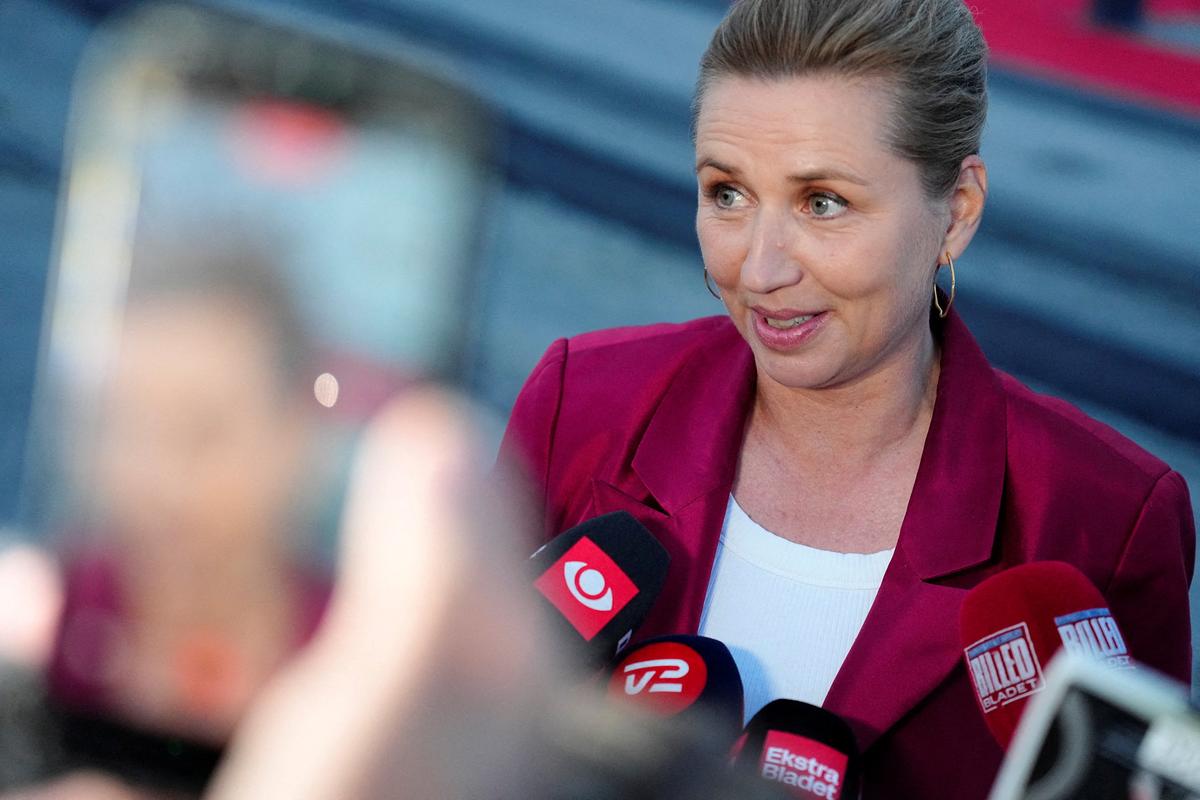 Denmark's acting Prime Minister Mette Frederiksen speaks to the media near the royal yacht Dannebrog, docked at Odense Harbor, Denmark, June 1, 2026. Sebastian Elias Uth/Ritzau Scanpix/via REUTERS