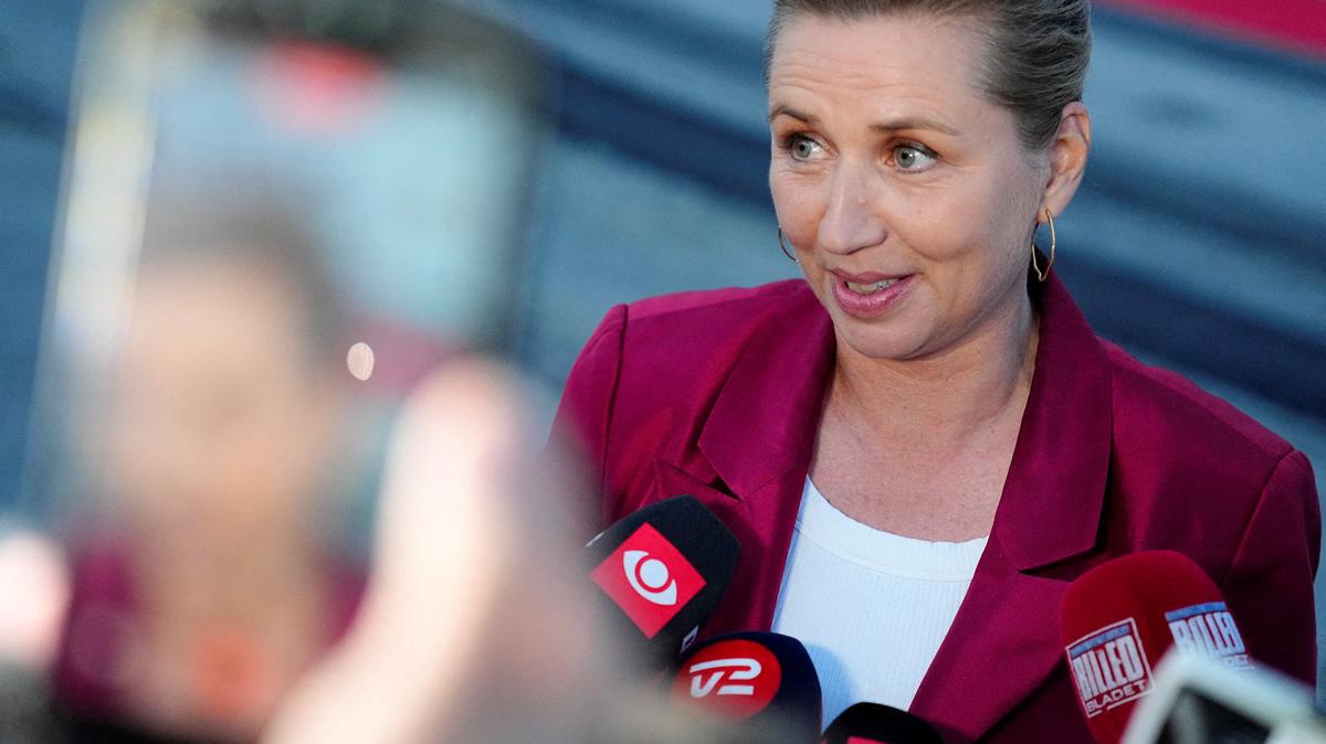 Denmark's acting Prime Minister Mette Frederiksen speaks to the media near the royal yacht Dannebrog, docked at Odense Harbor, Denmark, June 1, 2026. Sebastian Elias Uth/Ritzau Scanpix/via REUTERS